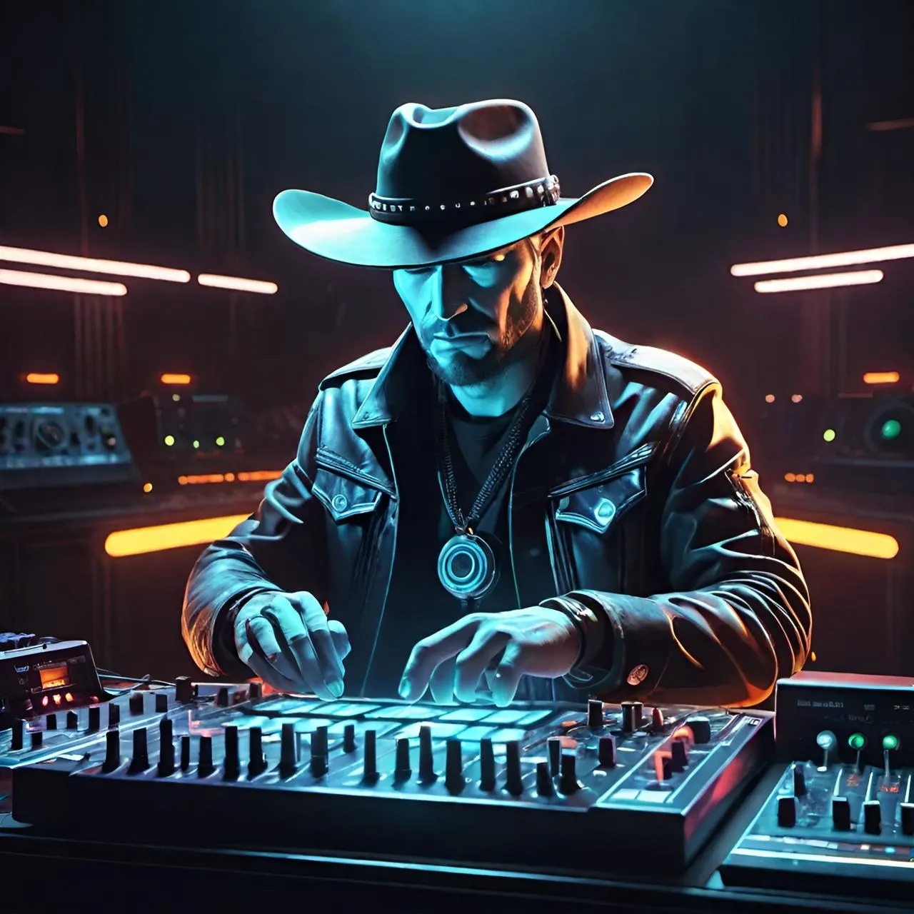 a man in a cowboy hat playing a keyboard