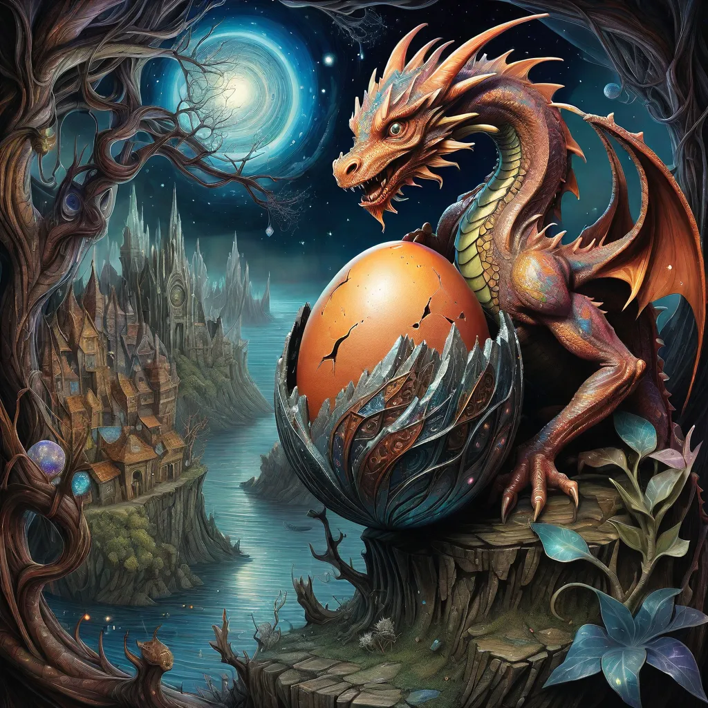 a painting of a dragon sitting on top of an egg