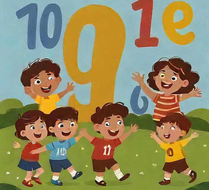 a group of children standing in front of a number sign