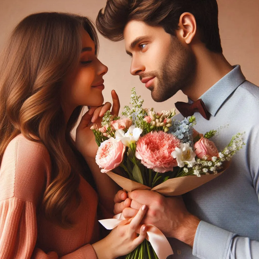 a man holding a bouquet of flowers next to a woman