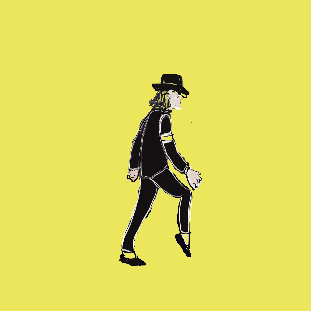 a drawing of a man in a suit and hat, he turns his body