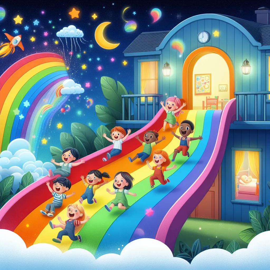 In the Dream House a  rainbow appears, and the kids excitedly jump onto it, sliding down through various colors, experiencing different playful scenarios with each hue, cartoon style, Disney style 