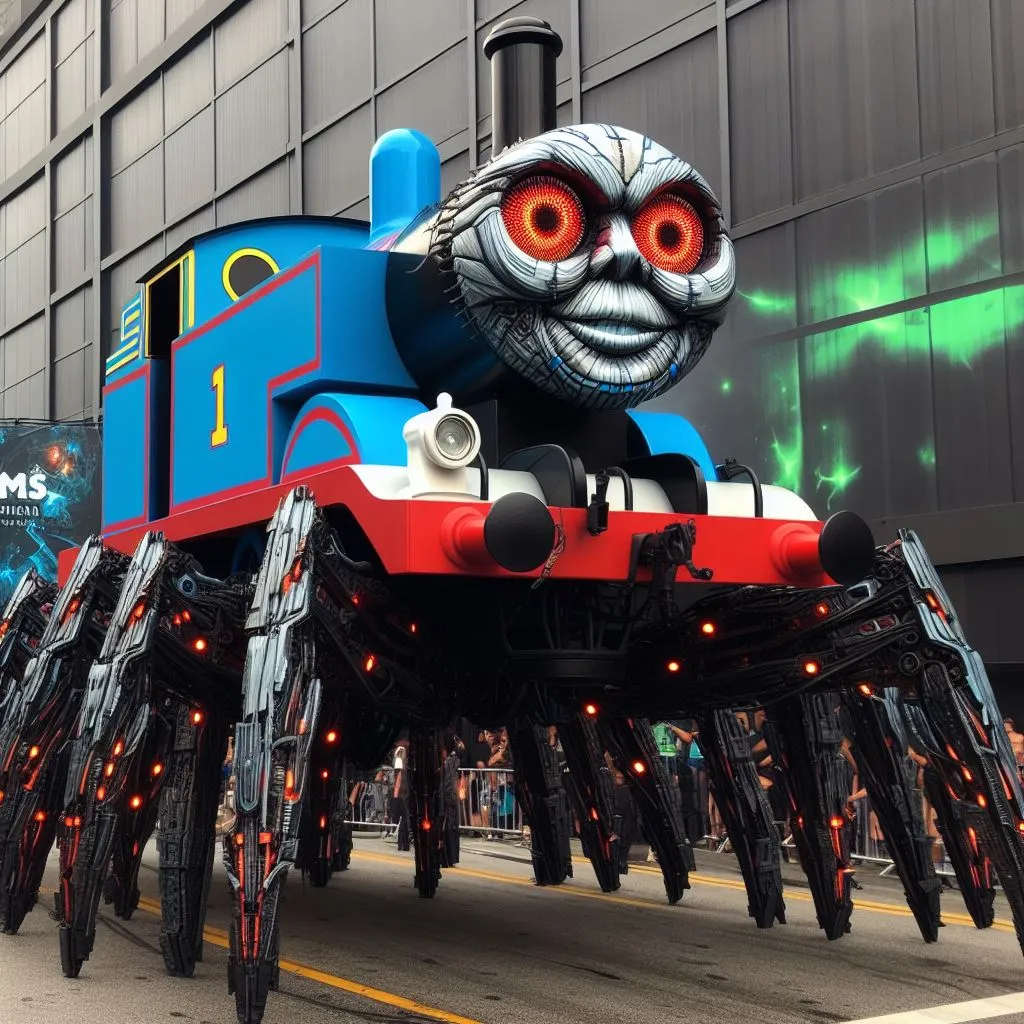 a very large train with a big face on it's back