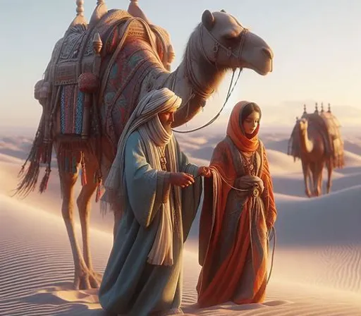 a man and a woman walking in the desert with a camel