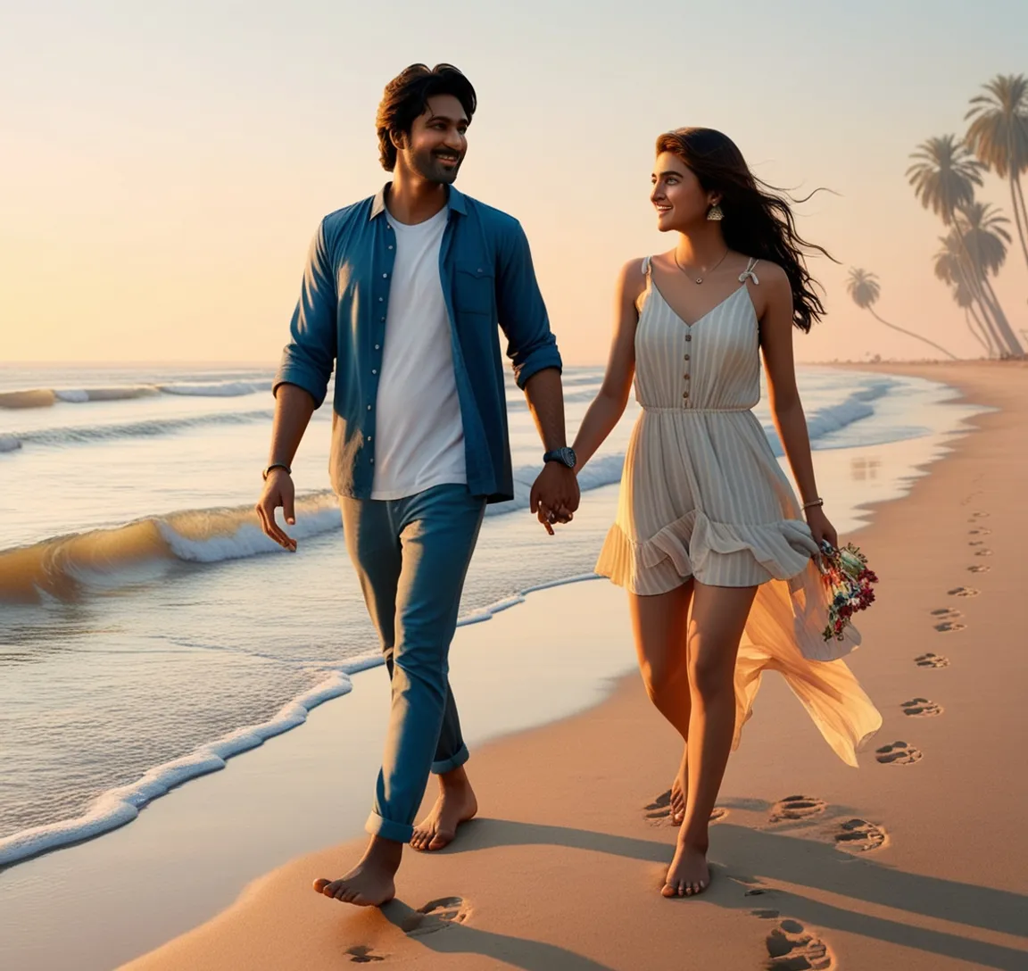 a man and a woman walking on the beach