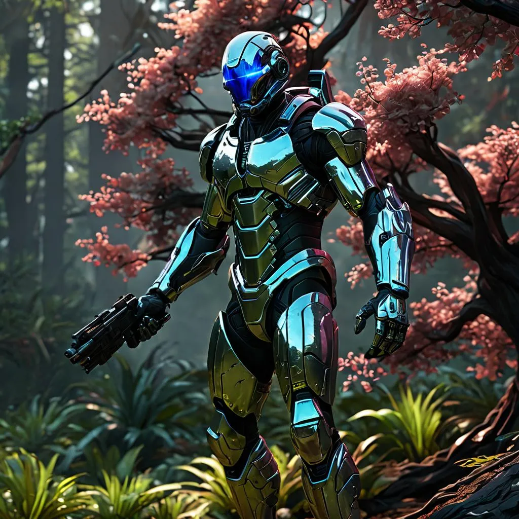 a man in a futuristic suit holding a gun