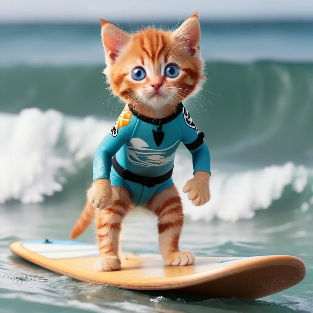 a cat is standing on a surfboard in the water and surfing