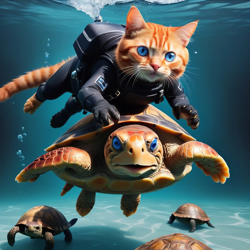 a cat is riding on top of a turtle