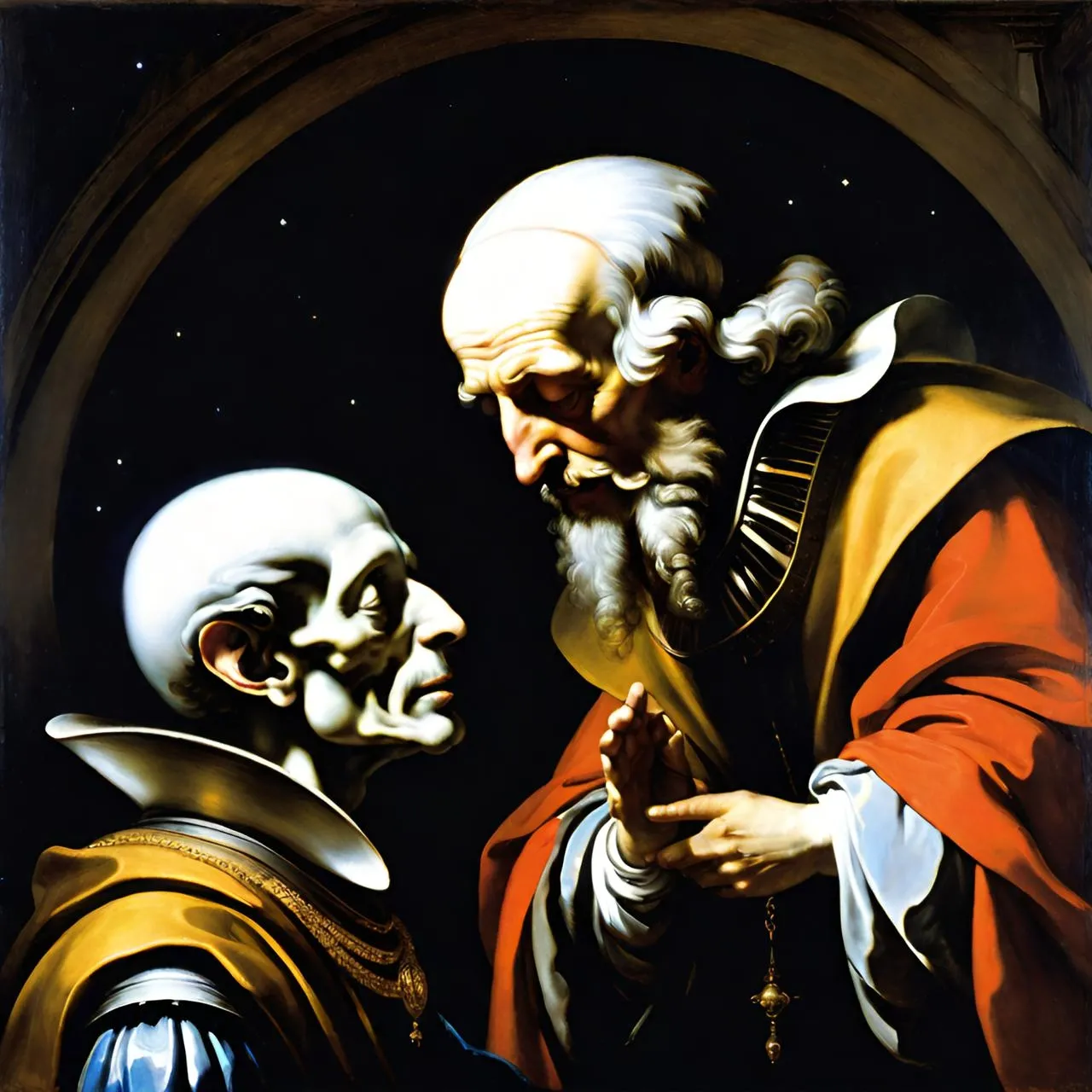 a painting of a priest and a skeleton