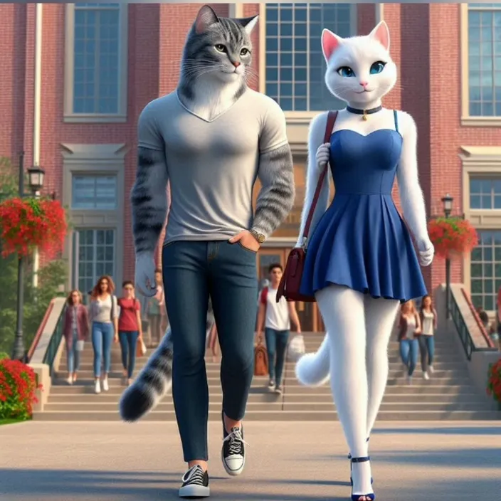 a man and a woman walking down a street next to a cat