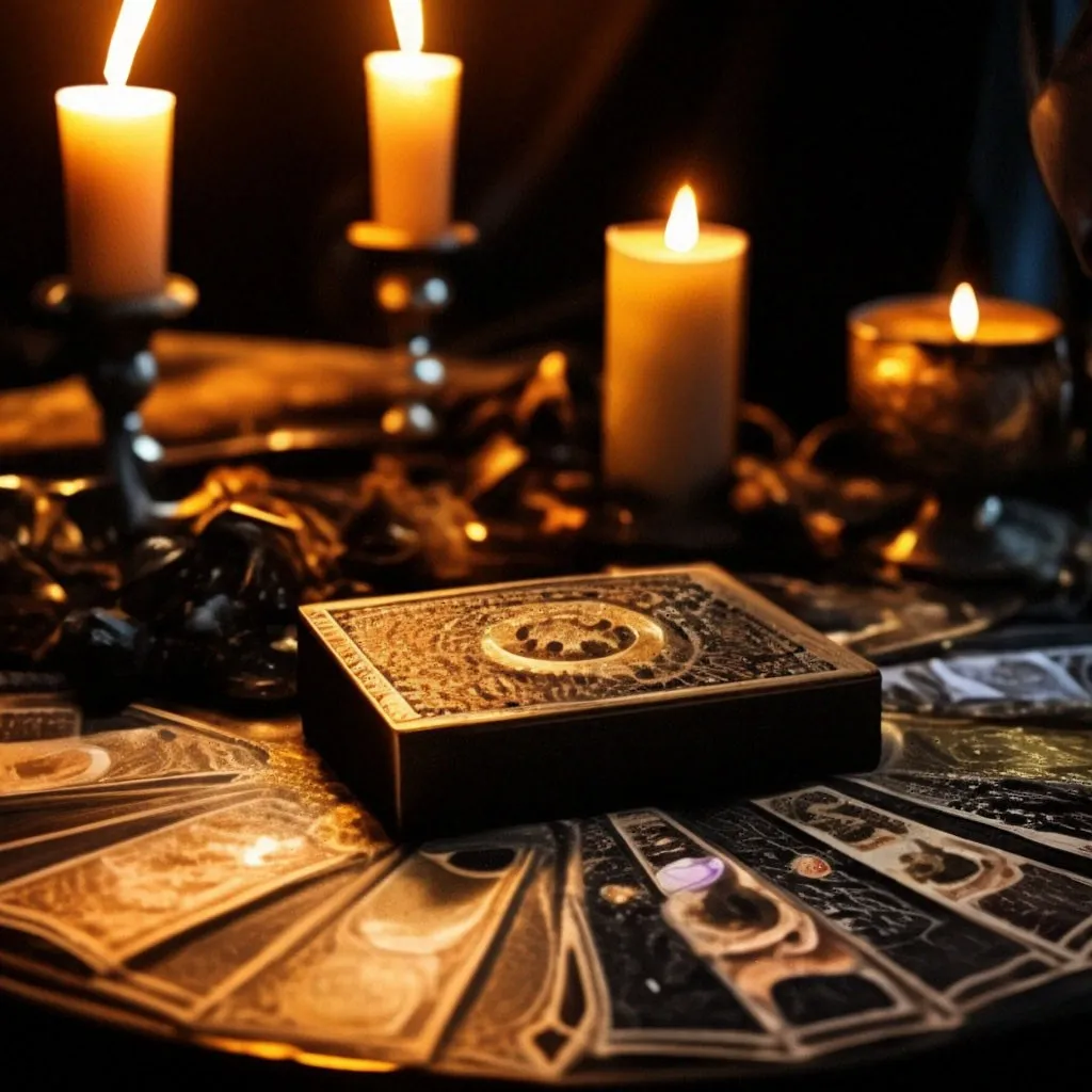 a table topped with lots of cards and candles