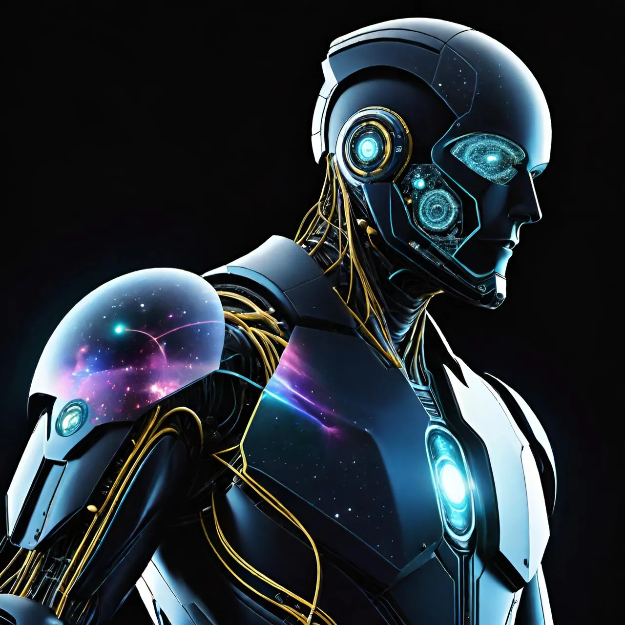 a man in a futuristic suit with glowing eyes