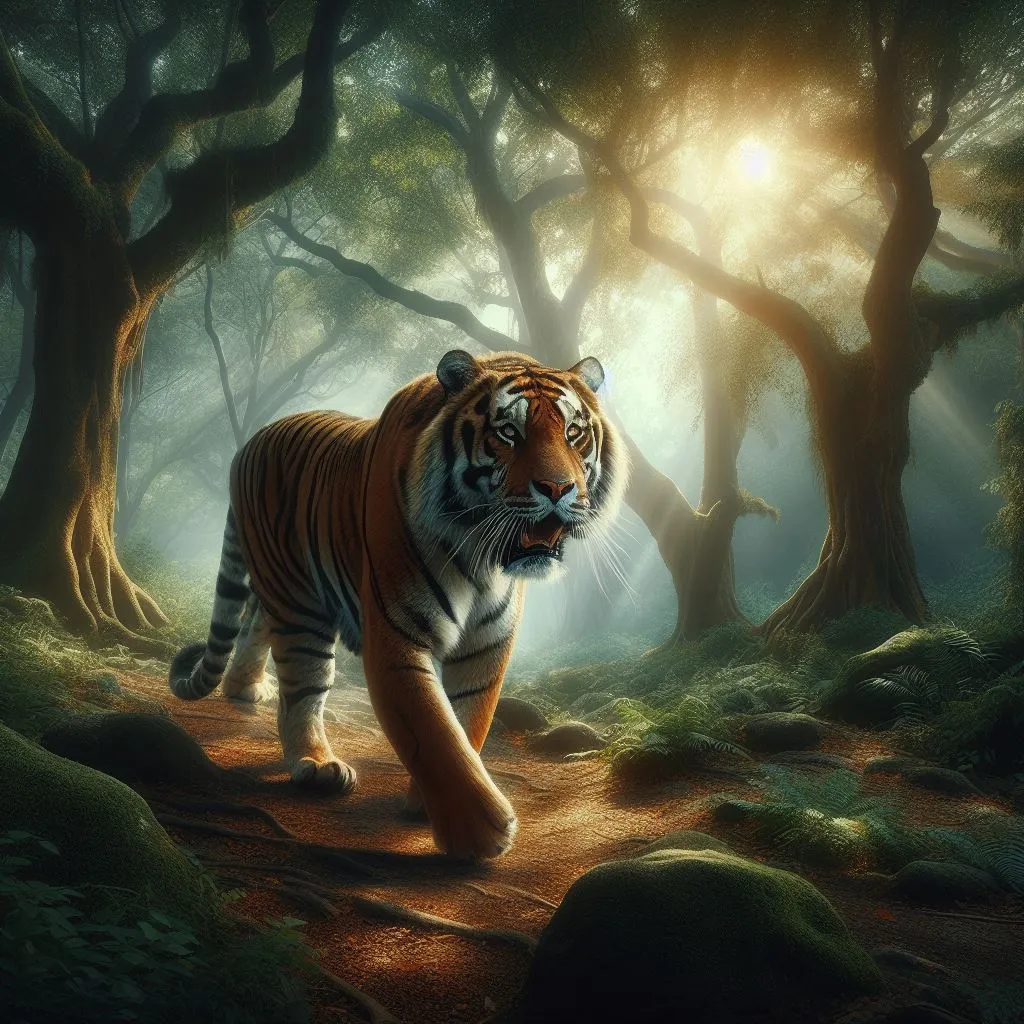 a tiger walking through a forest filled with trees