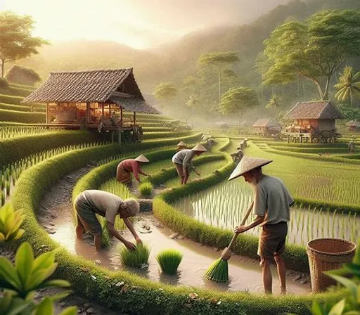 a painting of people working in a rice field