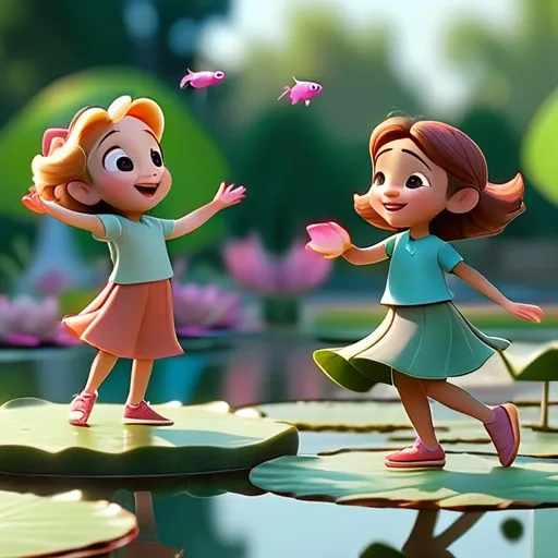 two little girls standing on a lily pad in a pond