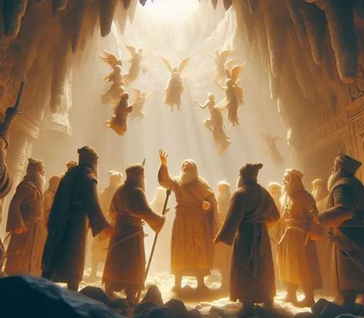 a group of people standing in a cave