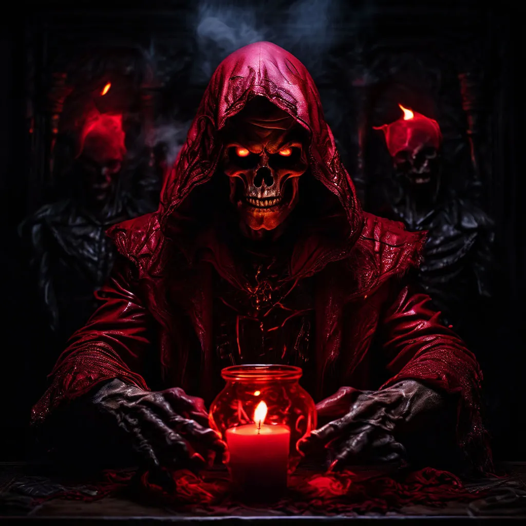 a skeleton in a red hooded jacket holding a candle