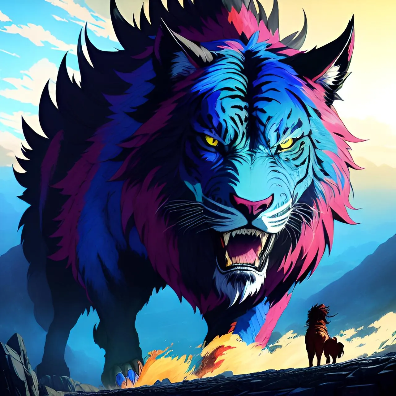 a painting of a lion on a mountain