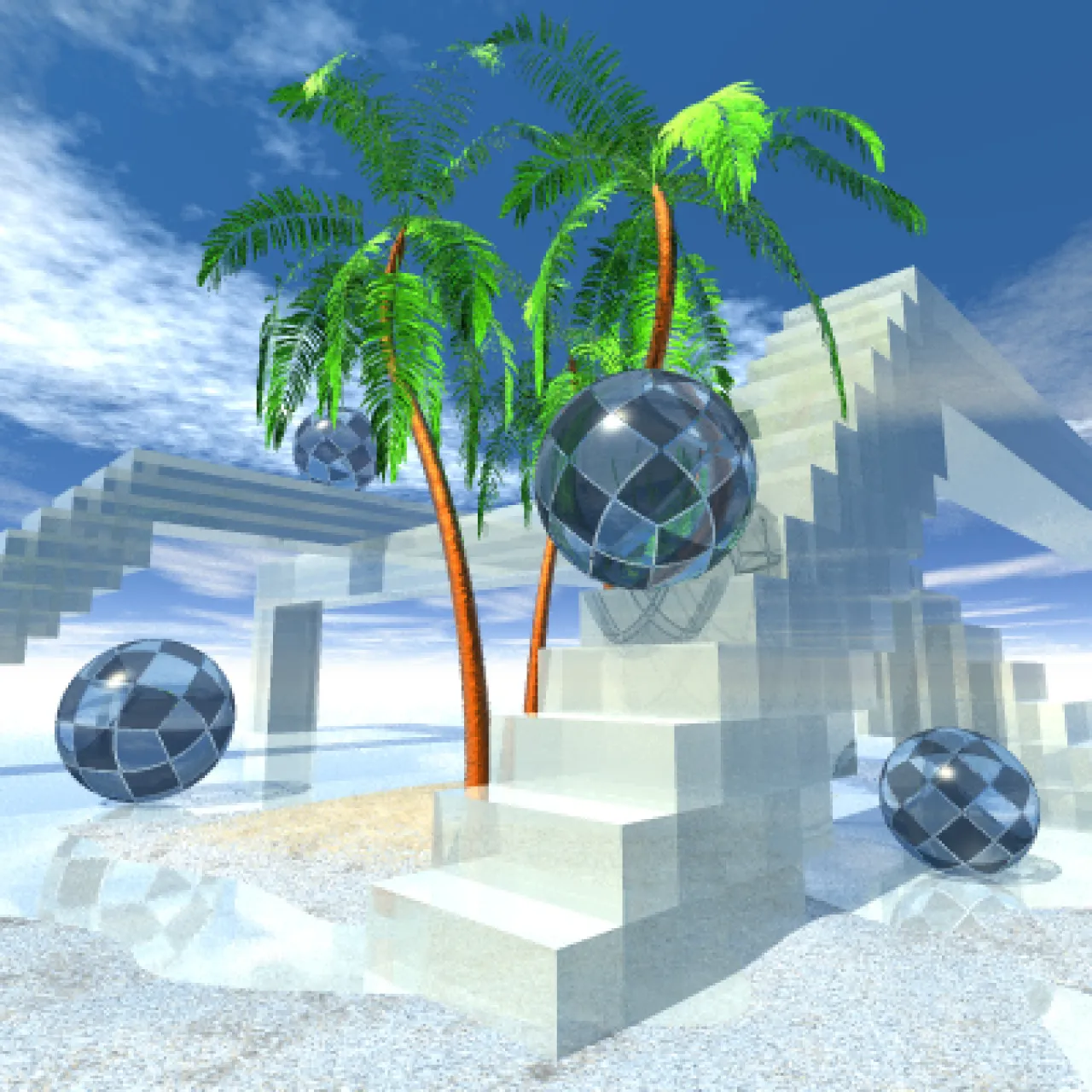 a computer generated image of a beach with palm trees