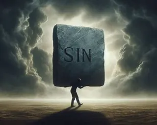 a man carrying a stone with the word sin on it