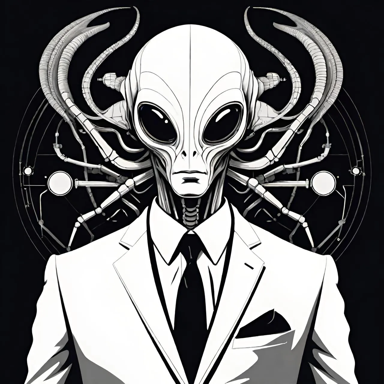 a man in a suit with an alien head on his head