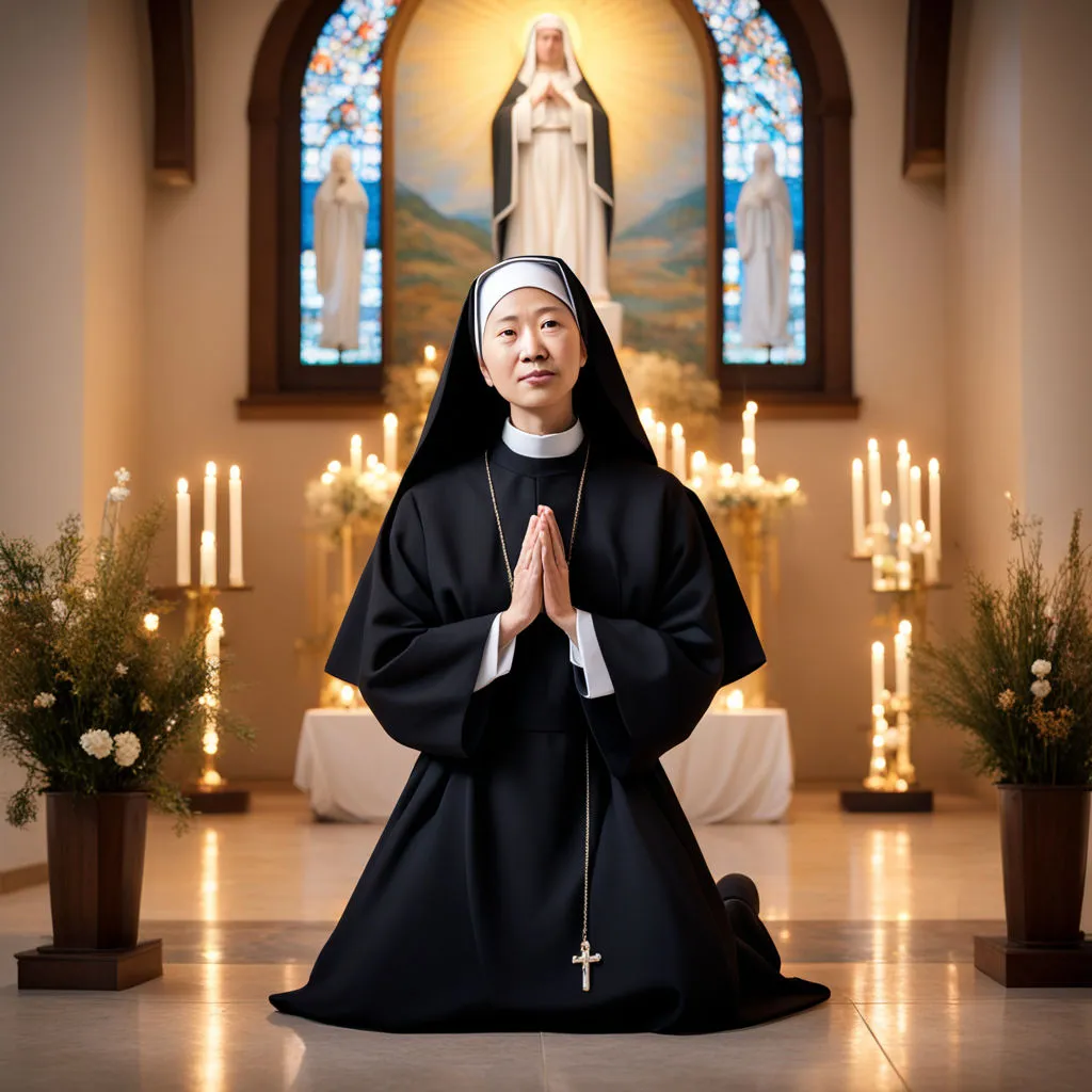 a nun sitting in front of a church alter