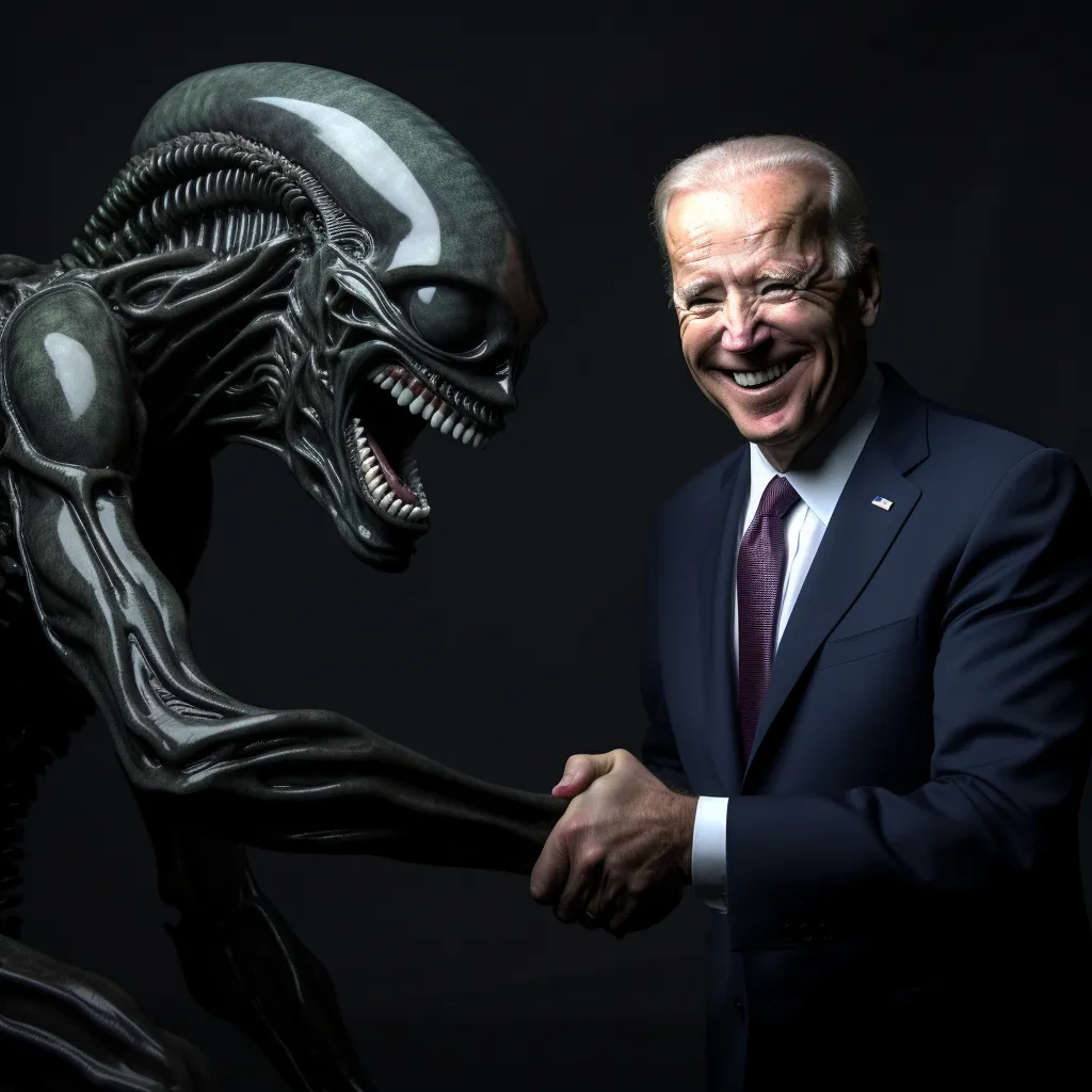 a man in a suit and tie standing next to an alien