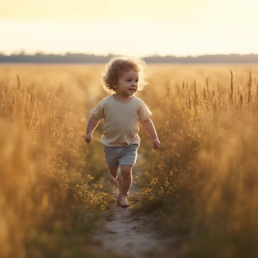 a little girl walking through a field of tall grass