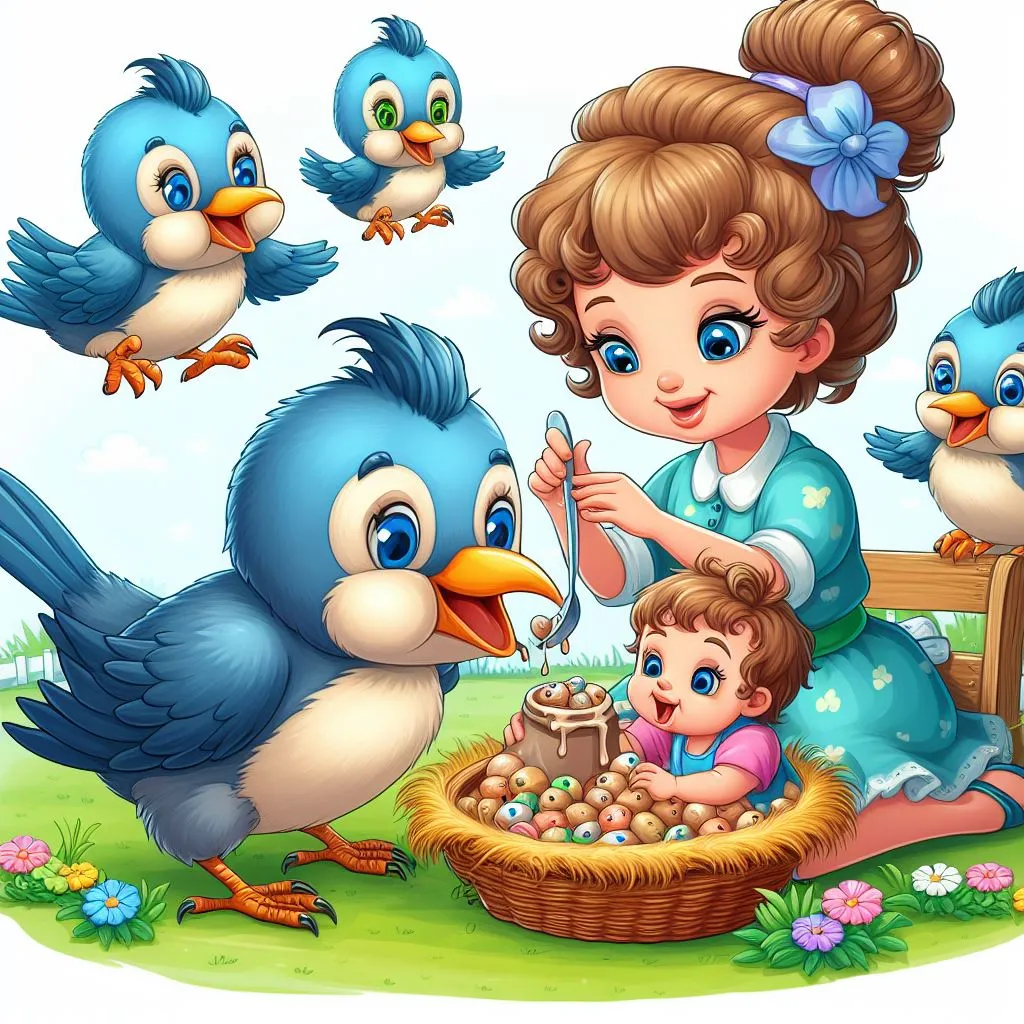 a little girl feeding a blue bird in a basket