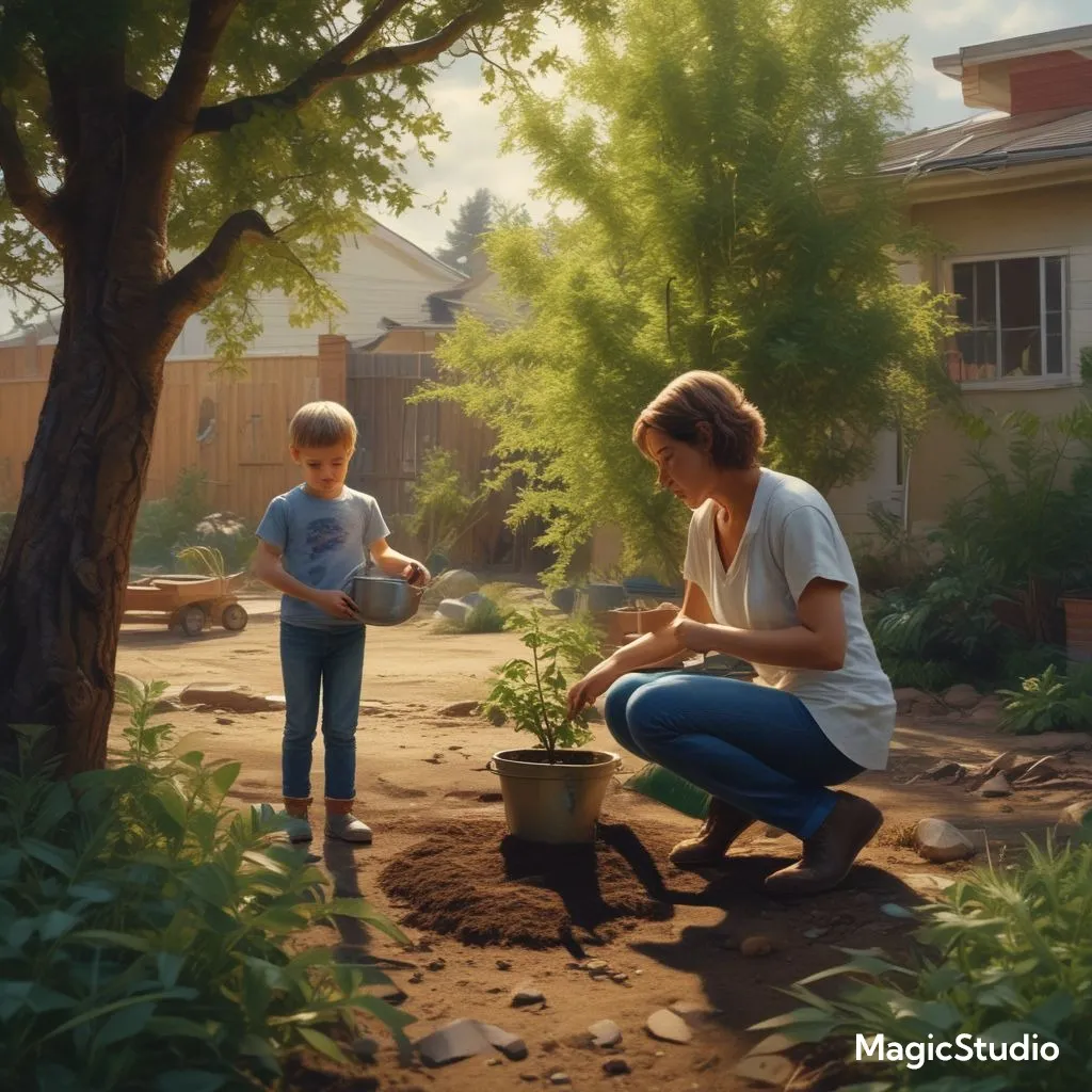 a woman kneeling down next to a child holding a potted plant, sun rays, detailed. cinematically dramatic, hyper realistic, cinematic view, stability