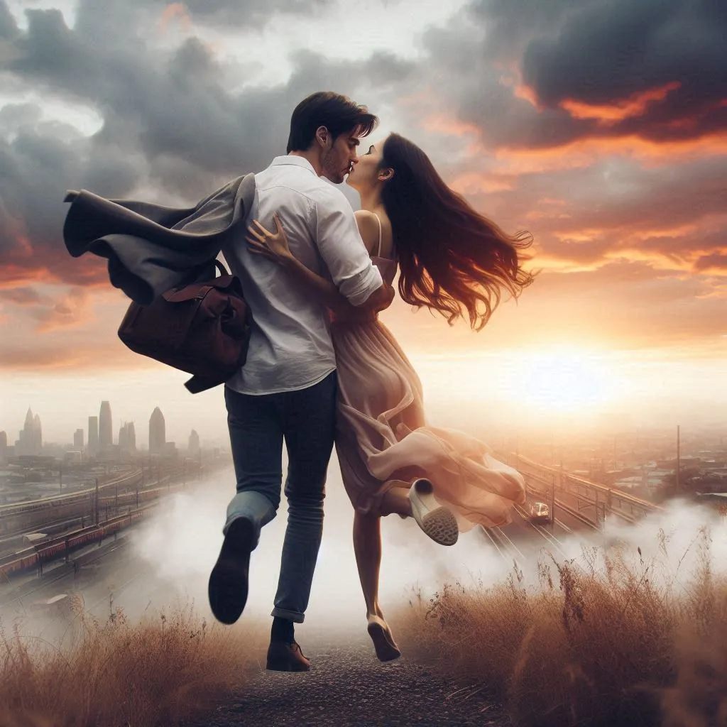 image of an emotional scene in which the man and the woman find each other, running towards each other and embracing passionately.