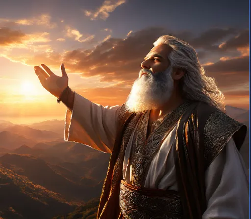 a man with a white beard and white hair thanking God and the sky appears a very strong light