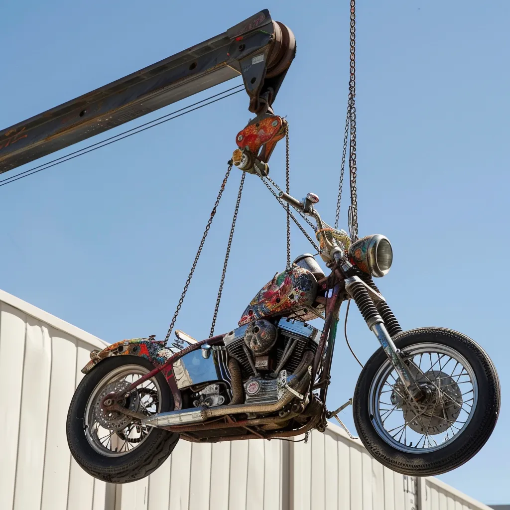 a motorcycle being lifted by a crane