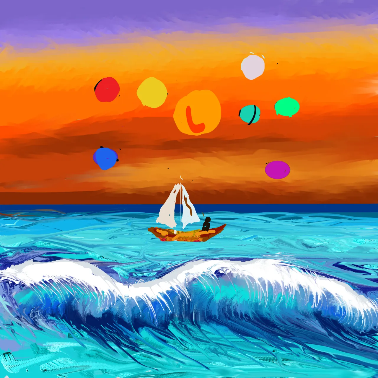 a painting of a sailboat in the ocean swaying