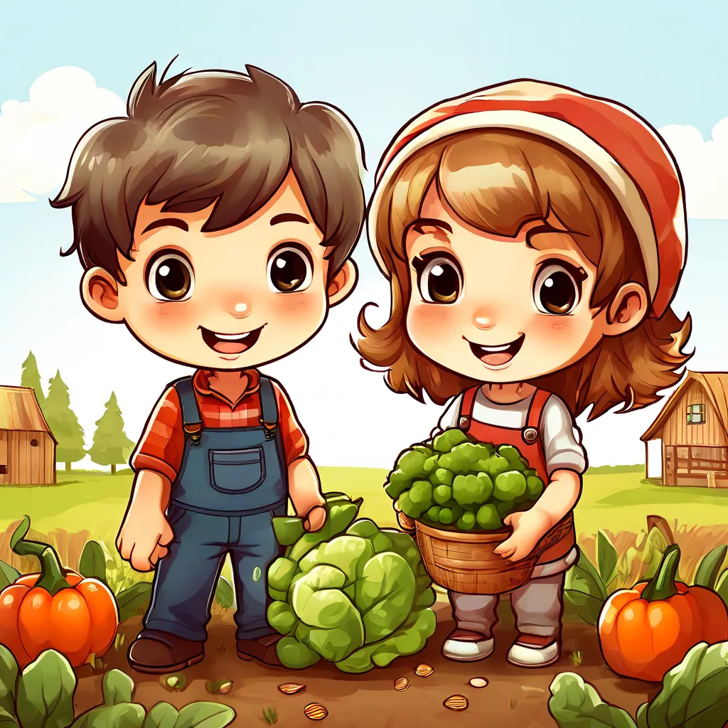 a boy and a girl holding a basket of vegetables