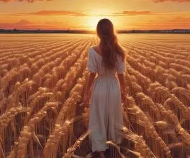 a woman standing in a field of wheat at sunset