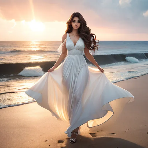 a woman in a white dress standing on a beach