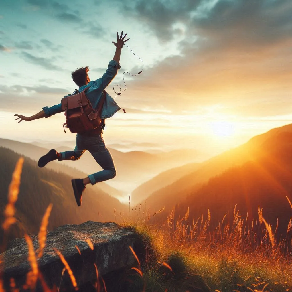 Shot that captures a man freely dancing, jumping and spinning in harmony with the music and surrounding nature.