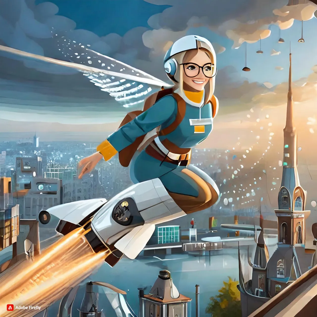 a woman in a space suit is flying over a city