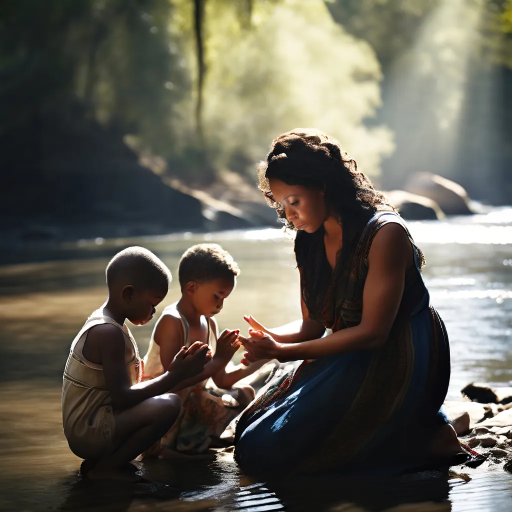 a white woman kneeling down next to two white children