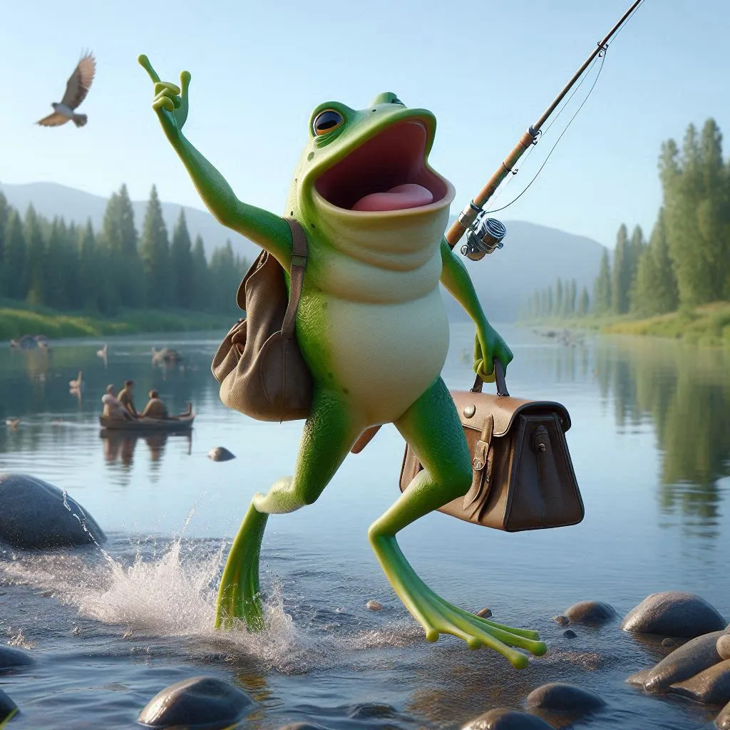 A brown-spotted frog leaping into a clear stream surrounded by lush forest, trying to catch a koi fish