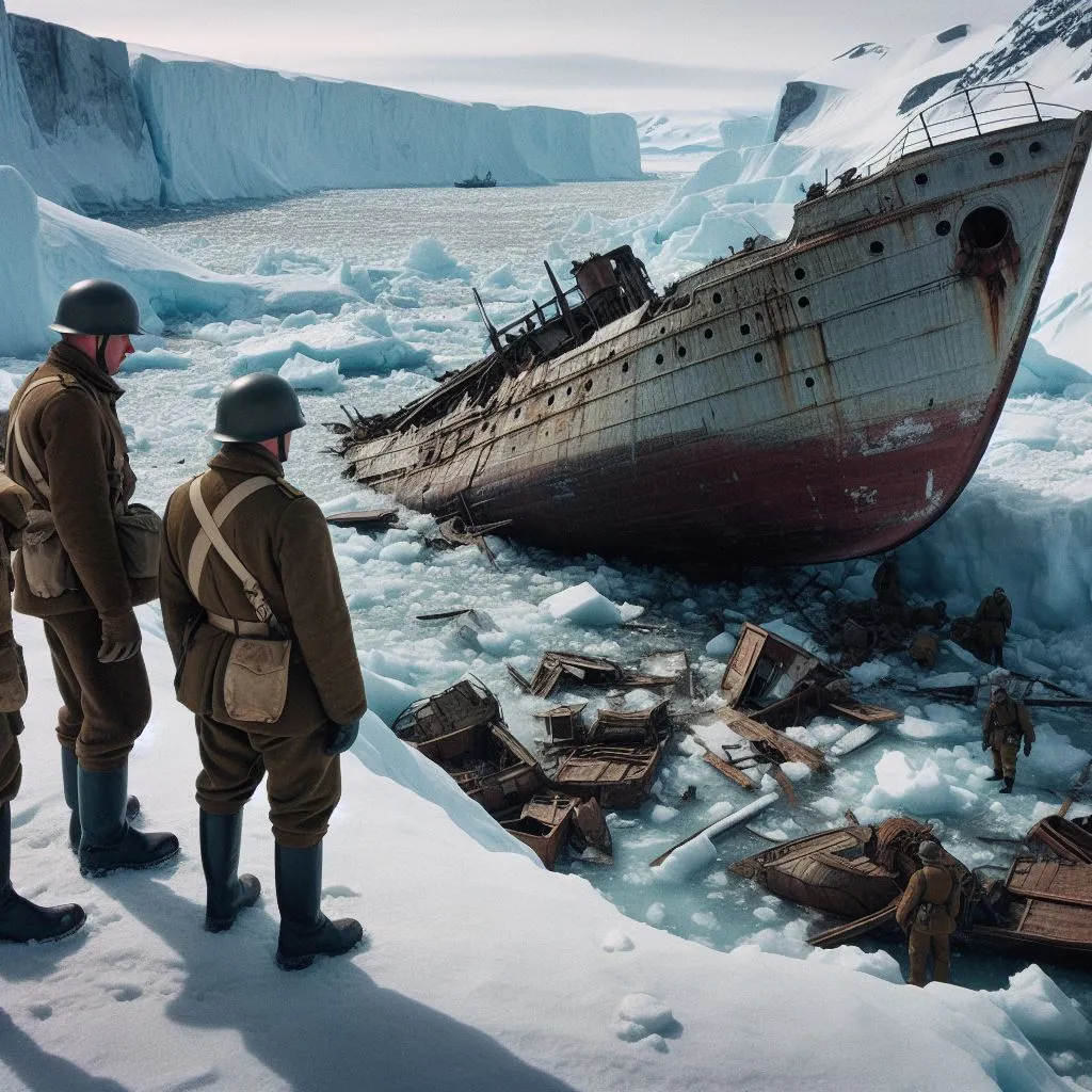 two men looking at a ship in the ice