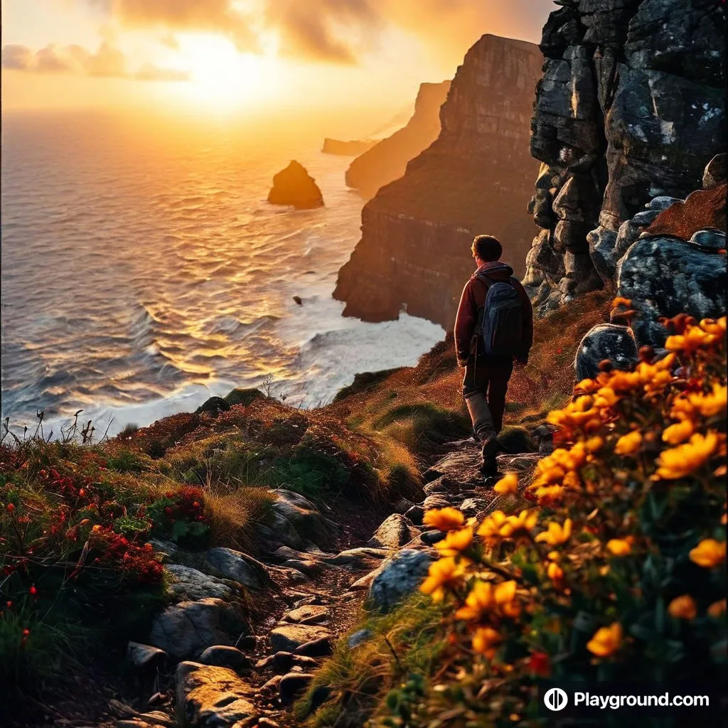 a man walking up a hill towards the ocean