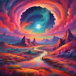 a painting of a colorful sky with a river running through it