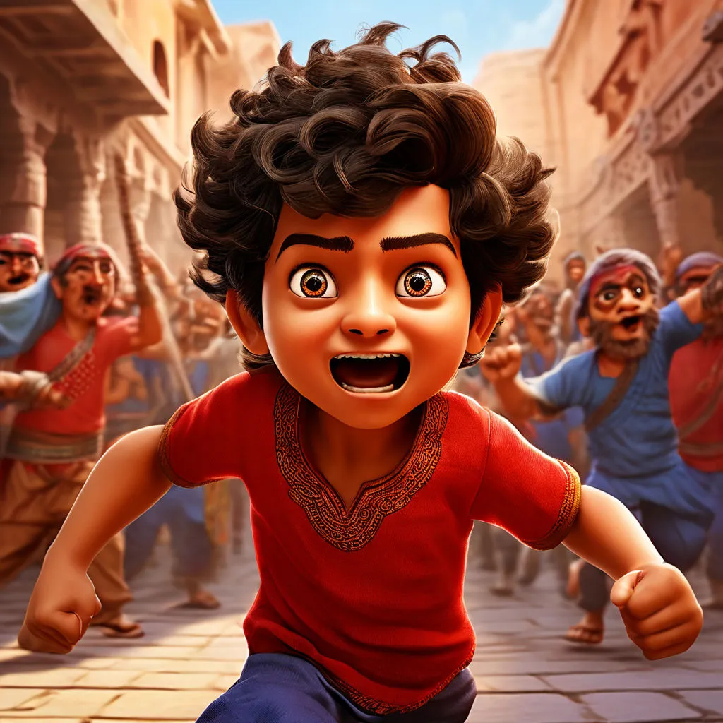 a cartoon character running through a crowd of people, make the boy running 