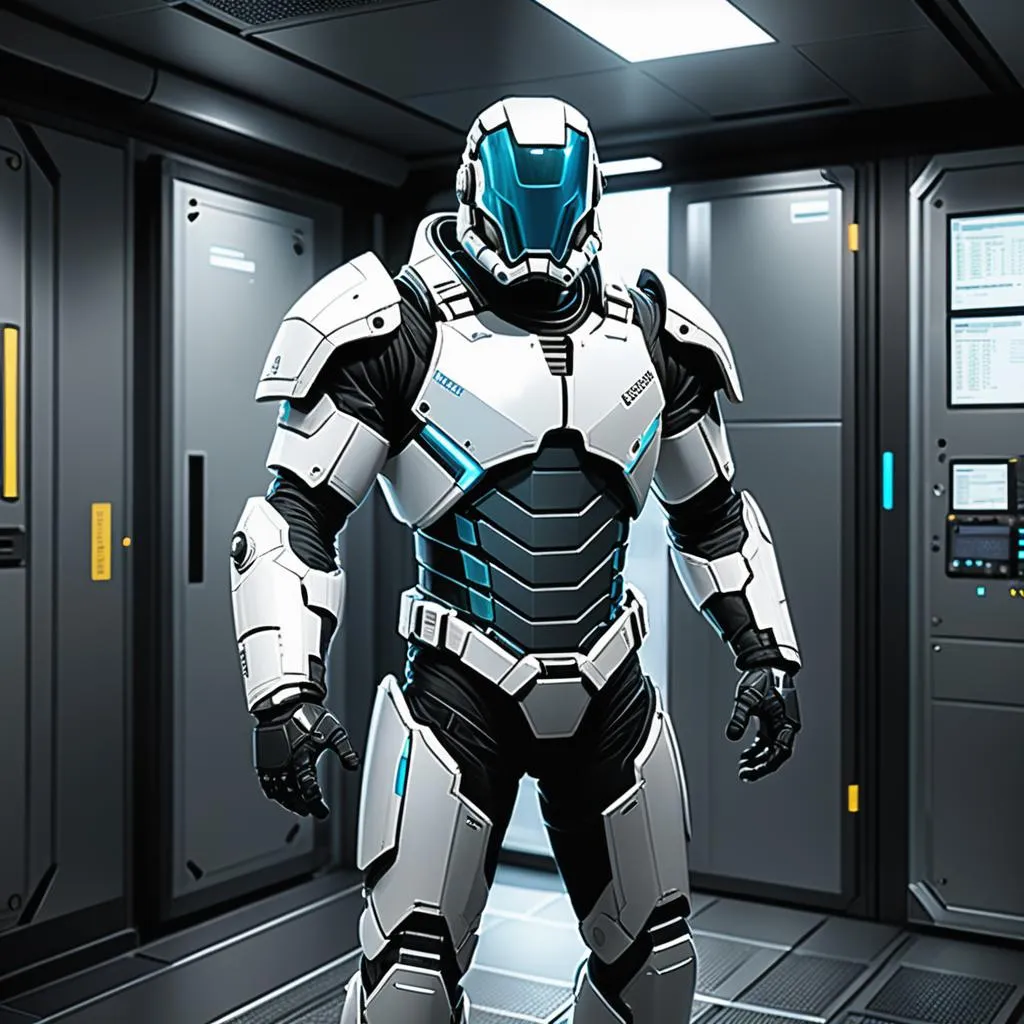 a man in a futuristic suit standing in a server room