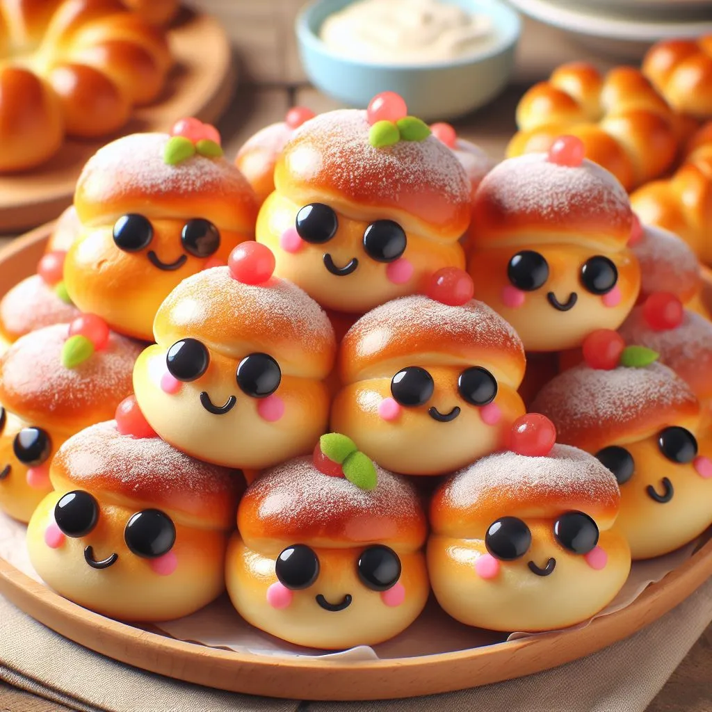 a plate filled with donuts ,the donuts winking their eyes