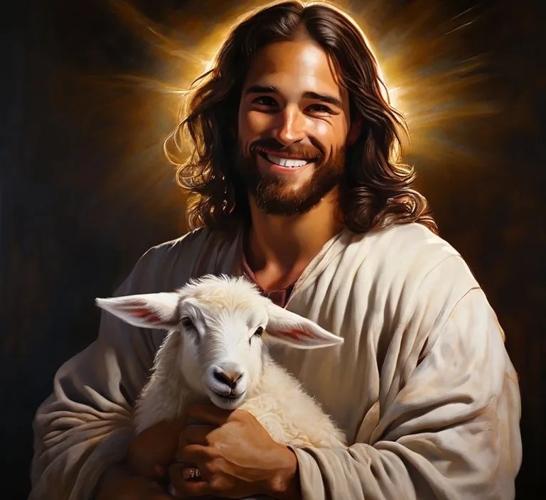 a painting of jesus holding a lamb in his arms