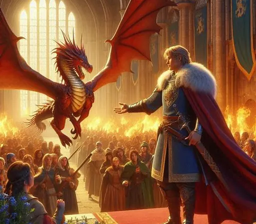 a man standing next to a dragon on top of a red carpet