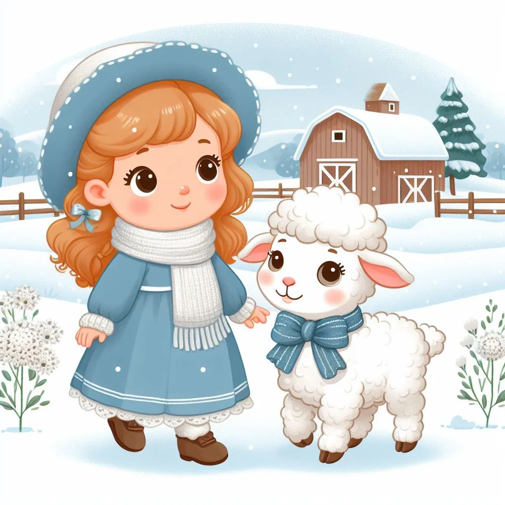 a little girl standing next to a sheep in the snow